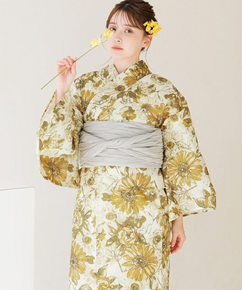 セパレート浴衣 白と紺のストライプ黄色花 かんたん着付け