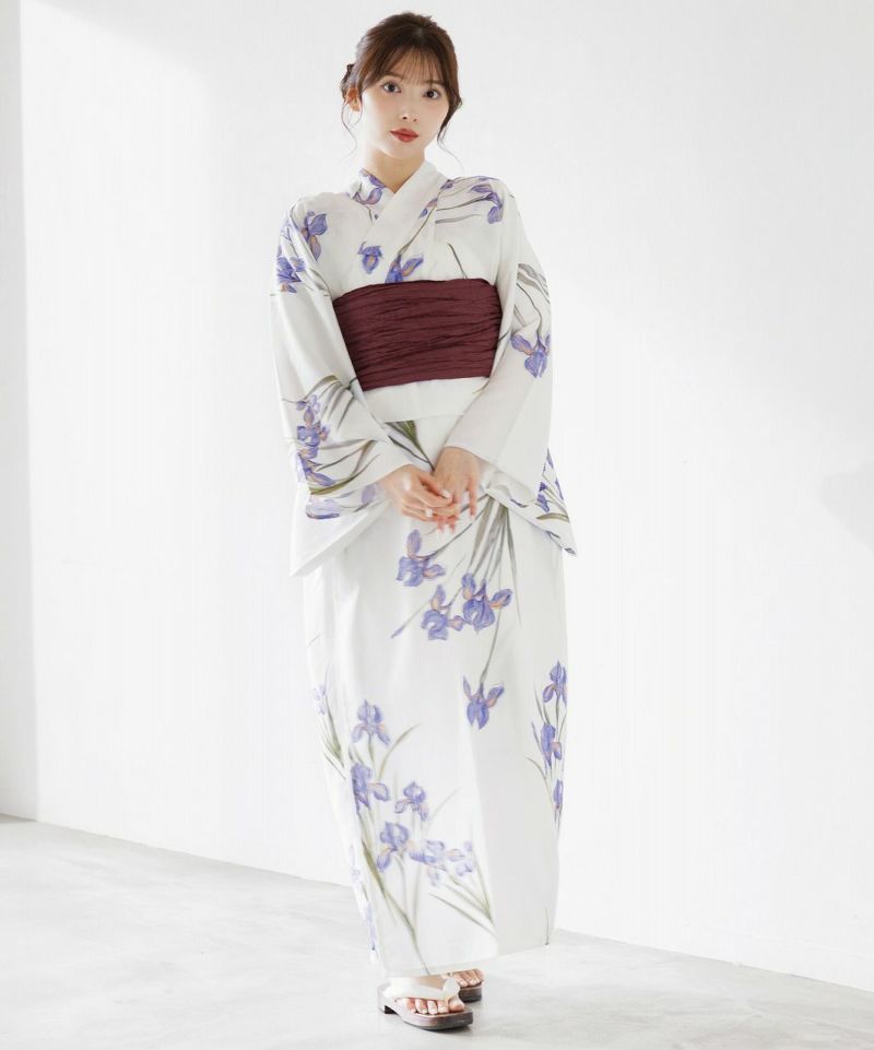 浴衣　ワンピース　dita 浮世の古典花菖蒲　パープル　しわ帯　ワインレッド 浴衣 ワンピース dita 浮世の古典花菖蒲 パープル しわ帯 ワイン