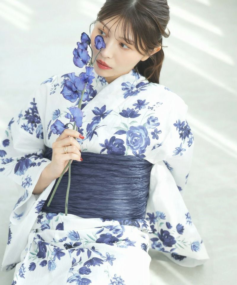 青い花柄の浴衣帯★新品タグ付き 青い花柄 浴衣 ネイビー帯 GRL