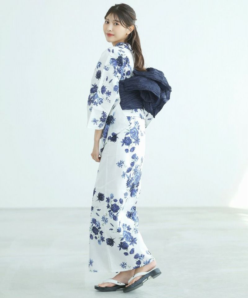 浴衣　白地に青の花柄　夏祭り　花火大会　Dita 泡沫の紫雲木 2025 浴衣5点セット(ゆかた・帯・下駄・着付けマニュアル